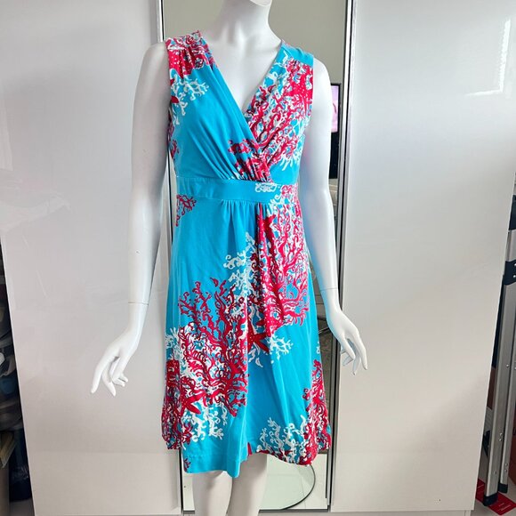 Lilly Pulitzer Rare Jia Dress Sleeveless Turquoise Coral Cascade Print SX L - Picture 3 of 15